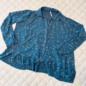 Free People Blue Star Print Long Sleeve Blouse